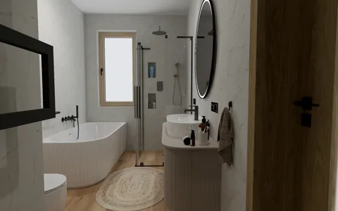 Wizualizacja domowego SPA z wanną wolnostojącą i naturalnymi dodatkami